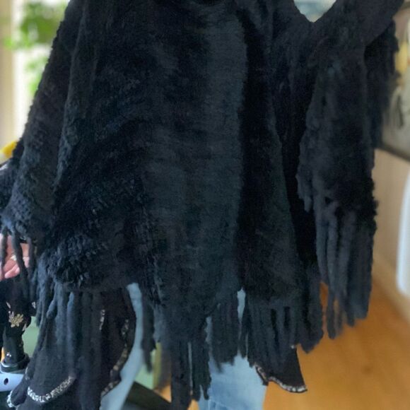 Fur poncho black knitted rabbit cowl neck cape large Xl plus one size - Picture 14 of 15